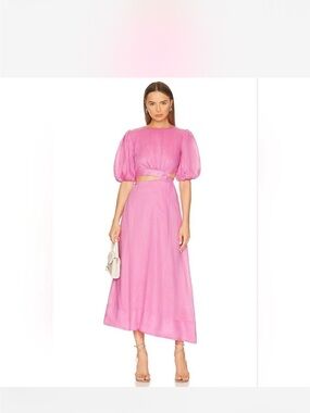 Bardot Pink Impala Puff-Sleeve Midi Dress with Cutout Waist size Large